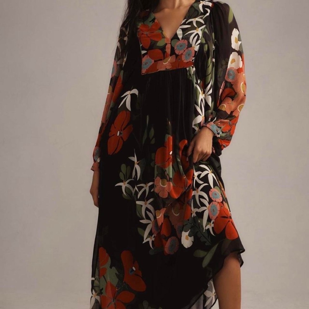 Farm Rio x Anthropologie Long-Sleeve V-Neck Floral Maxi Dress
